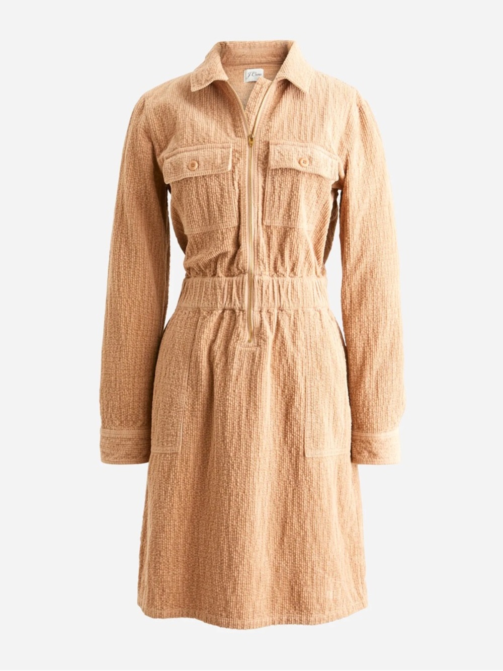 J Crew Zip-front cinched dress in corduroy tan size 16